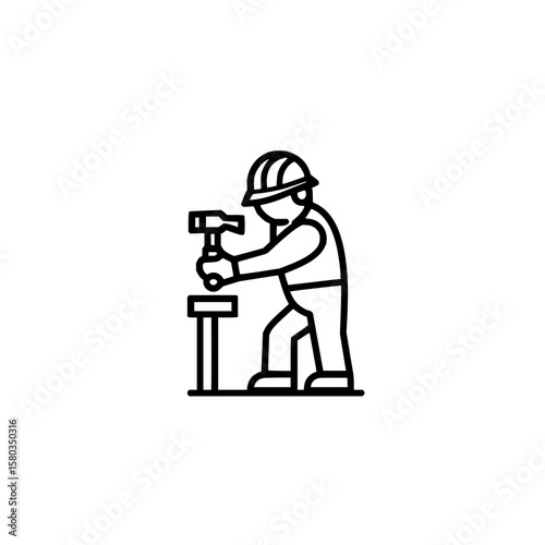 A construction worker with helmet hammering a metal object on an anvil in a simple outline illustration