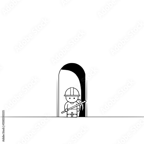 A cartoon miner with a hard hat and pickaxe standing in the entrance of a dark mine shaft opening