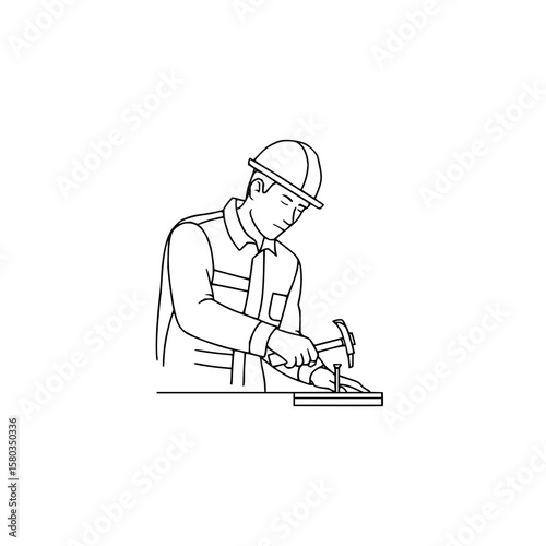 A construction worker wearing a hard hat hammering a nail into a wooden plank in a line drawing style