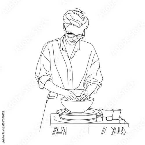 Woman with glasses and shirt working with a bowl on a table with plates and cups in a line drawing style