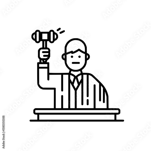 Illustration of a judge in a robe holding a gavel up on a desk in a courtroom setting in black and white