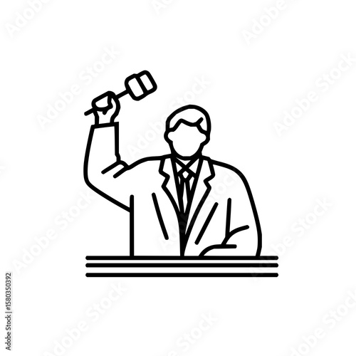 A person in a suit holding a gavel above a counter in a line art style illustration auctioneer design