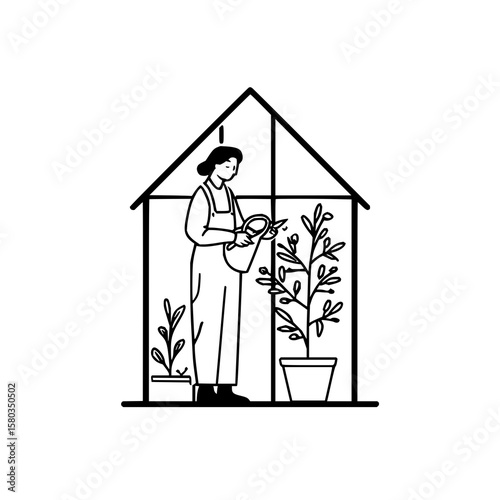 Woman watering plants in a greenhouse with potted plants and greenery in a simple black and white drawing