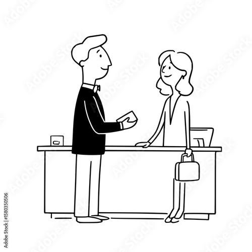 A man in a suit handing a card to a woman behind a desk with a handbag in a black and white drawing style
