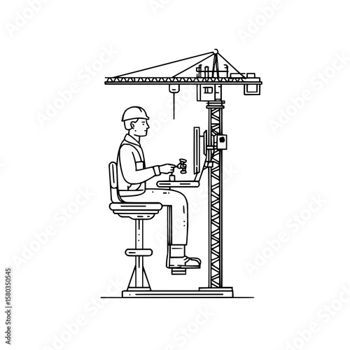 A construction worker in a hardhat operating a crane simulator with a laptop and joystick control system