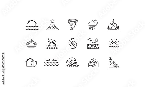 Natural disaster icons showing floods volcanoes storms and fires house waves