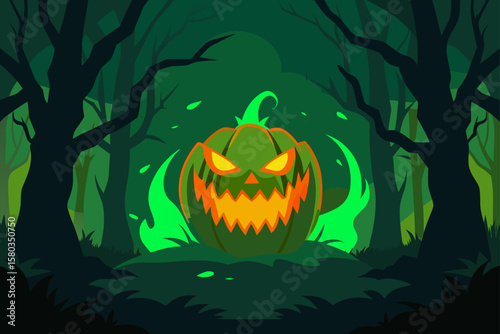 Spooky Halloween pumpkin and bat illustration on a dark autumn night for a scary October celebration