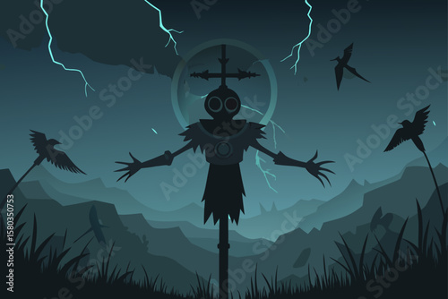 Spooky Halloween night landscape with witch, bats, and a full moon silhouette vector illustration