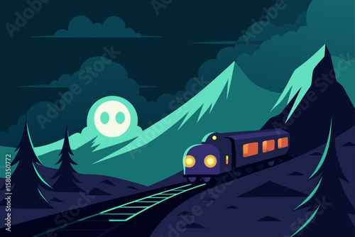 Night landscape with mountains, houses, and a car on the road, illustrating the serene winter scene under a starry sky