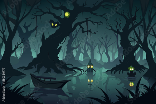 Spooky Halloween night with a full moon, flying bats, a dark tree silhouette, and a scary cat illustration