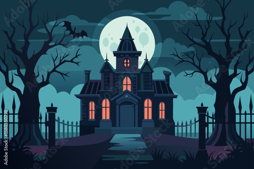 Spooky Halloween night with a haunted house and castle, silhouetted bats, and a glowing moon—a perfect illustration of autumn's dark celebration