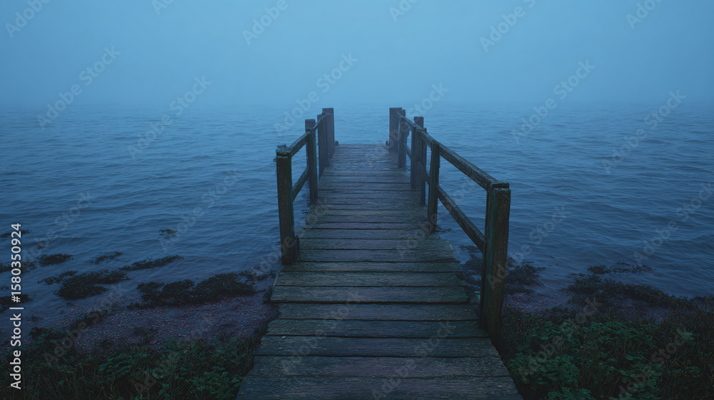 Obraz premium A Serene Journey Across the Foggy Pier: Embrace Tranquility Over Water in a Mystical Landscape