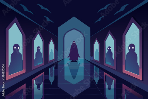 Silent city night view: a loving family's home silhouette within a church's architectural shadow, a symbol of peace
