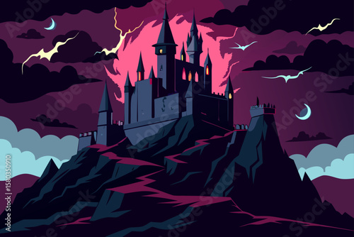Spooky haunted castle in a dark forest on a hill with bats and a full moon, perfect for a Halloween night illustration