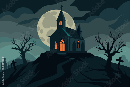A spooky haunted house in the dark woods with bats flying under a Halloween moon