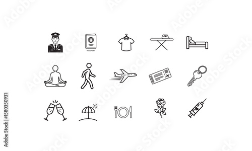 Pilot passport airplane ticket bed yoga person walking beach umbrella dining rose syringe champagne uniform