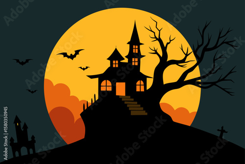 Spooky Halloween night with a haunted house and castle silhouette under a dark moon, featuring bats, pumpkins, and a gnarled tree illustration