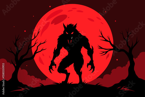 Spooky Halloween night vector illustration: a lone wolf howls at the moon, silhouetted by dark trees, with bats flying and a witch on a broom