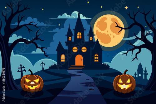 Spooky Halloween night with pumpkins, bats, and a scary castle silhouette under a full moon
