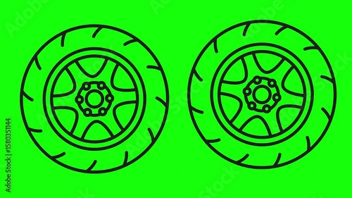 Car alloy wheel line icon, outline isolated on green background
