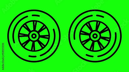 Car alloy wheel line icon, outline isolated on green background
