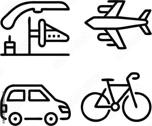 Transport icon set with car, airplane, fuel station, and bicycle in minimal black line style, isolated vector illustration for business and mobility concepts