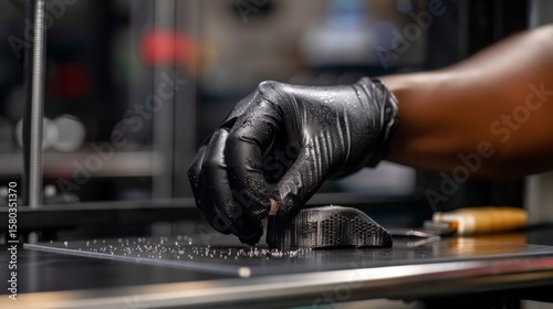 Precision in Additive Manufacturing: A Gloved Hand Carefully Removes Support Structures from a Detailed 3D Printed Object, Showcasing the Intricacy of Modern Prototyping