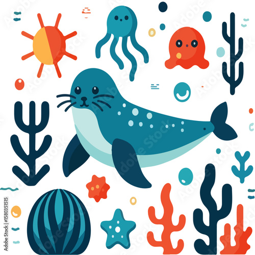 cute colorful sea animals cartoon set