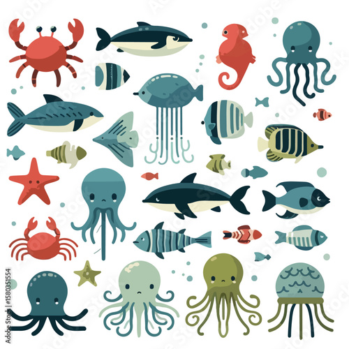cute colorful sea animals cartoon set