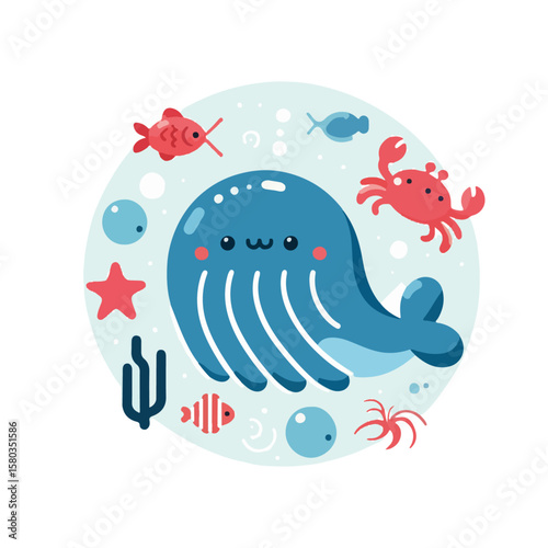 cute colorful sea animals cartoon set