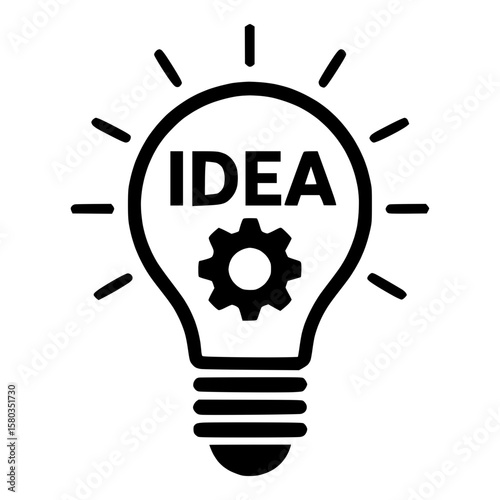 Lightbulb with gear and IDEA text, flat vector for creative business, productivity projects, innovation, and brainstorming designs