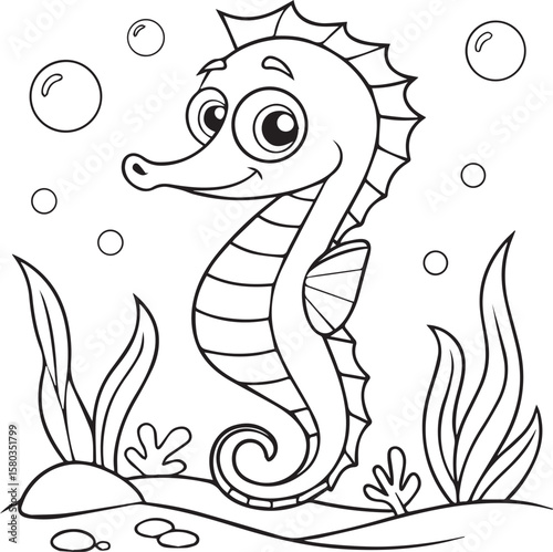 Smiling Seahorse Coloring Page in Underwater Scene