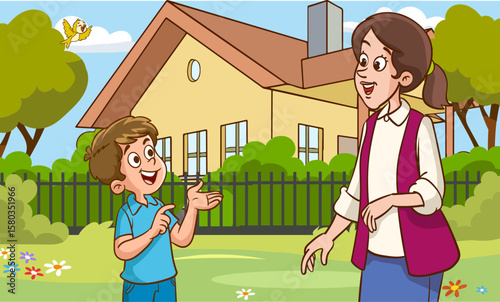 Mother listening to her child, telling, pointing, asking for help, complaining. mother and child talking to each other vector illustration.little kids chatting with their mothers and feeling happy