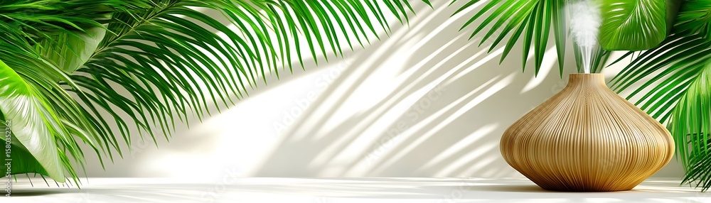 Fototapeta premium A wooden aroma diffuser amongst tropical green leafy plants displays steam