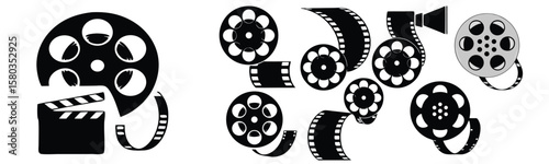 Retro Cinema Reel Silhouette Vector Set, High-detail vintage film reel illustrations in black style, perfect for posters, branding, movie logos, and classic design themes