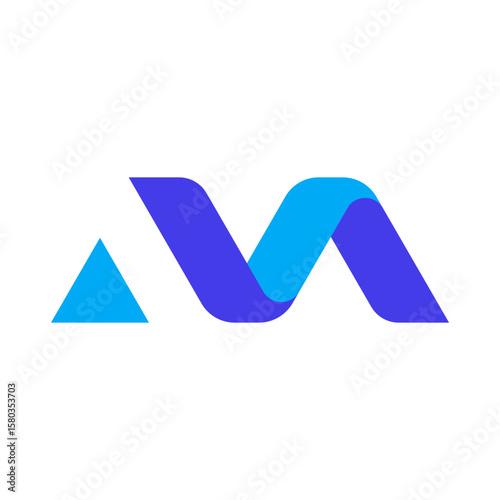 A modern, abstract logo featuring a blue triangle followed by a flowing, intertwined shape resembling the letter "M," in varying shades of blue and purple