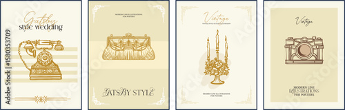 Modern digital illustration - set of 4 editable posters. Aesthetic, whimsical linear composition for wedding designs, stylized for the era of the twenties of the last century in monochrome.