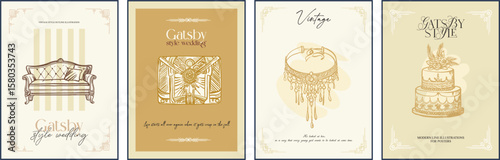 Modern digital illustration - set of 4 editable posters. Aesthetic, whimsical linear composition for wedding designs, stylized for the era of the twenties of the last century in monochrome.