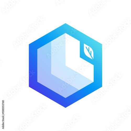 A striking, blue and purple gradient hexagonal logo featuring abstract, layered shapes resembling steps or building blocks, with a small leaf accent