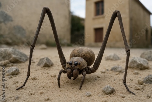 An enigmatic giant spider stands poised in a desert landscape, its eight legs spread wide as it surveys its arid domain