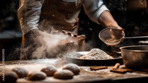 Baking magic unfolds as a skilled chef artfully drizzles spices over dough, creating culinary masterpieces in a dark, moody, and inviting kitchen setting.