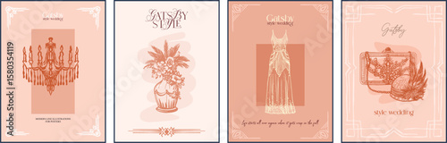 Modern digital illustration - set of 4 editable posters. Aesthetic, whimsical linear composition for wedding designs, stylized for the era of the twenties of the last century in monochrome.