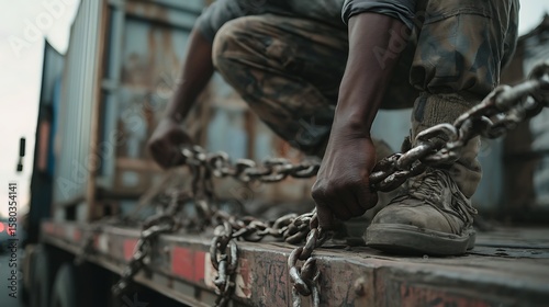 Person Holds Chain on Truck Flatbed