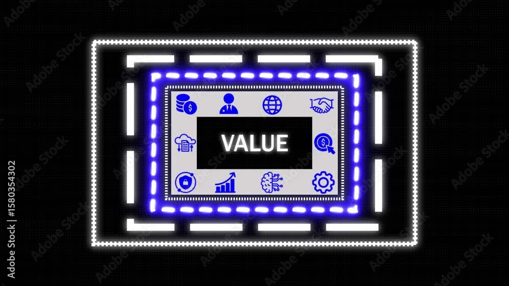 A Business Value concept button , network icon ,Blue holographic advanced rectangle platform glowing dots digital luxurious wave particles flows background. A Business Value concept button , network icon ,Blue holographic advanced rectangle platform glowing dots digital luxurious wave particles flows background.