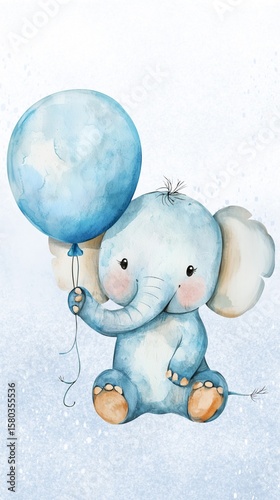 Pastel baby elephant watercolor baby elephant with pastel blue balloon, pastel watercolor baby elephant nursery art, cute watercolor baby elephant on pastel background for printing. bookmark, card. 