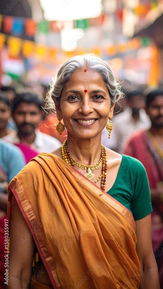 Obraz premium Smiling elderly woman in vibrant sari, bustling market