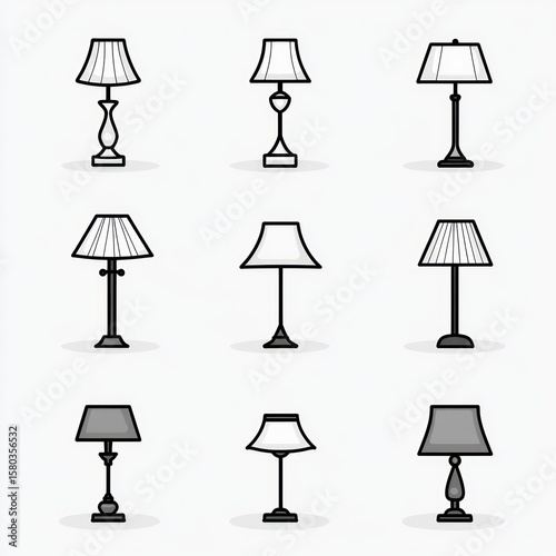 Nine simple black and white table and floor lamp icons