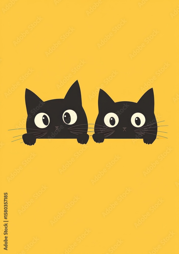 Obraz premium Two black cats peeking from behind a yellow backdrop