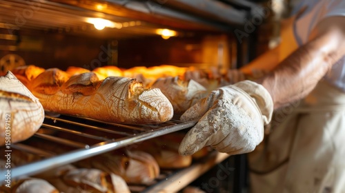 Freshly Baked Bread Emerging from Oven, Expert Baker Handling Hot Tray with Flour Dusted Gloves, Artisan Bakery, Warm Light