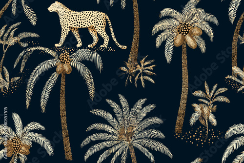 Tropical Palm Tree and Asian Leopard Seamless Pattern – Hand Drawn Jungle Damask with Wild Animals Under Coconut Trees, Indian Style Textile Design for Beach Wallpaper and Vector Illustrator